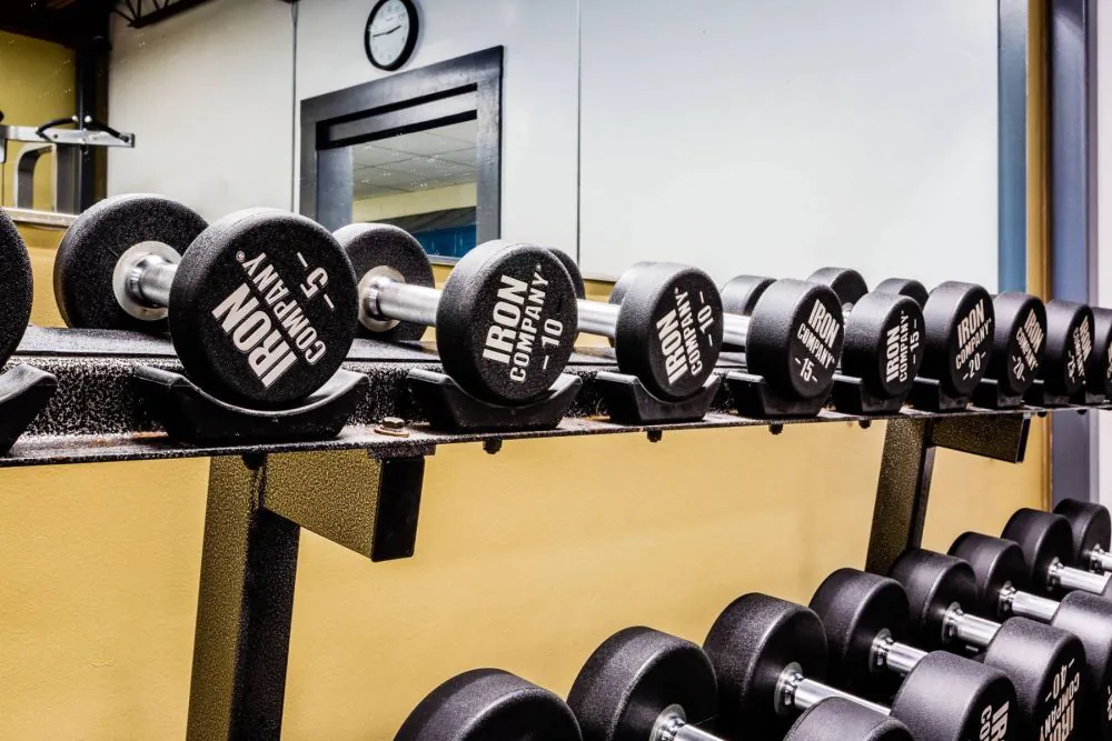 Urethane dumbbells on a dumbbell rack