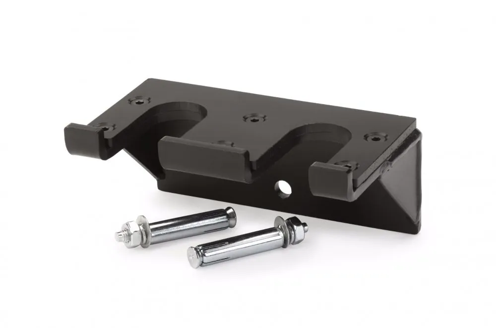 IRON COMPANY wall mounted bar holder for power bars and Olympic bars.