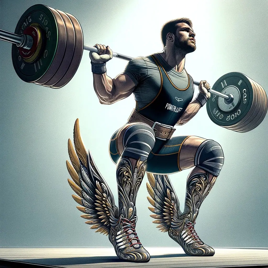 Animated athlete squatting with winged shoes for CrossFit and powerlifting article