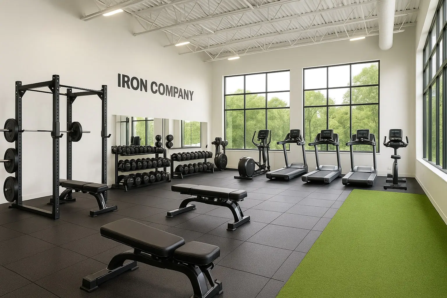 A modern training studio featuring a power rack, adjustable weight bench, dumbbells, exercise bike, elliptical machine, treadmills, black rubber gym flooring, and custom-branded artificial turf.