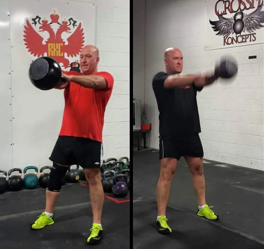 Man performing kettlebell swings in a gym demonstrating proper form and core engagement.