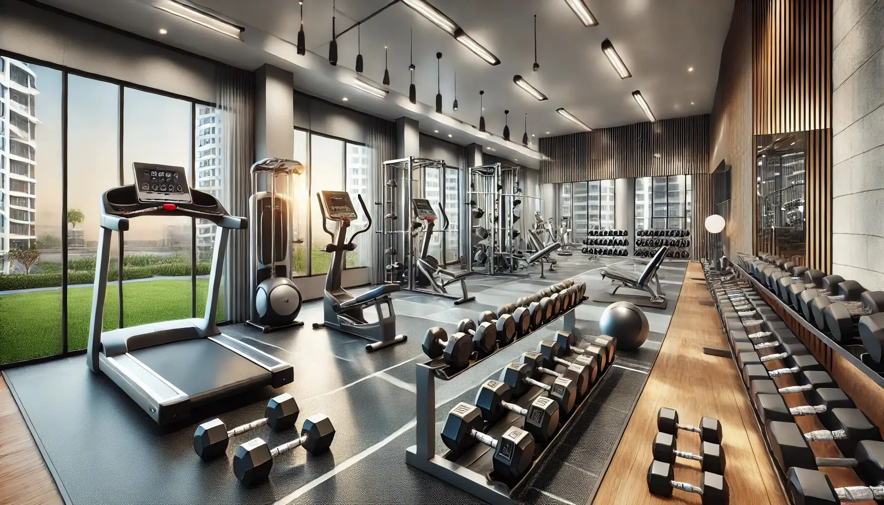 Modern multi-housing fitness center featuring premium gym equipment, free weights, and durable gym flooring.