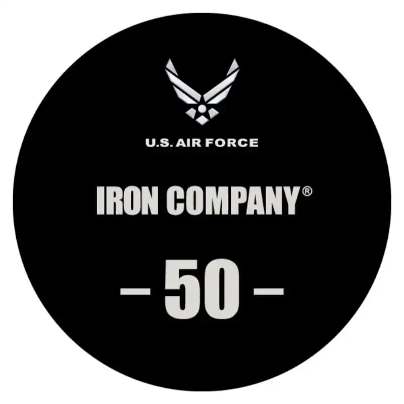 Custom Solid Steel Urethane Dumbbells by IRON COMPANY with laser engraved US Air Force logo.