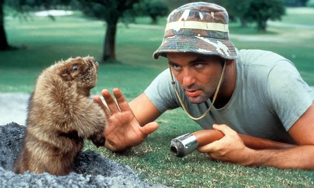 Groundskeeper character acting out a golf fantasy
