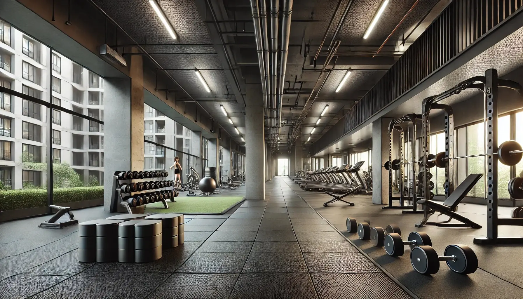 Noise-reducing black rubber gym flooring in a multi-housing fitness center with strength training zones, cardio machines, and functional turf areas.