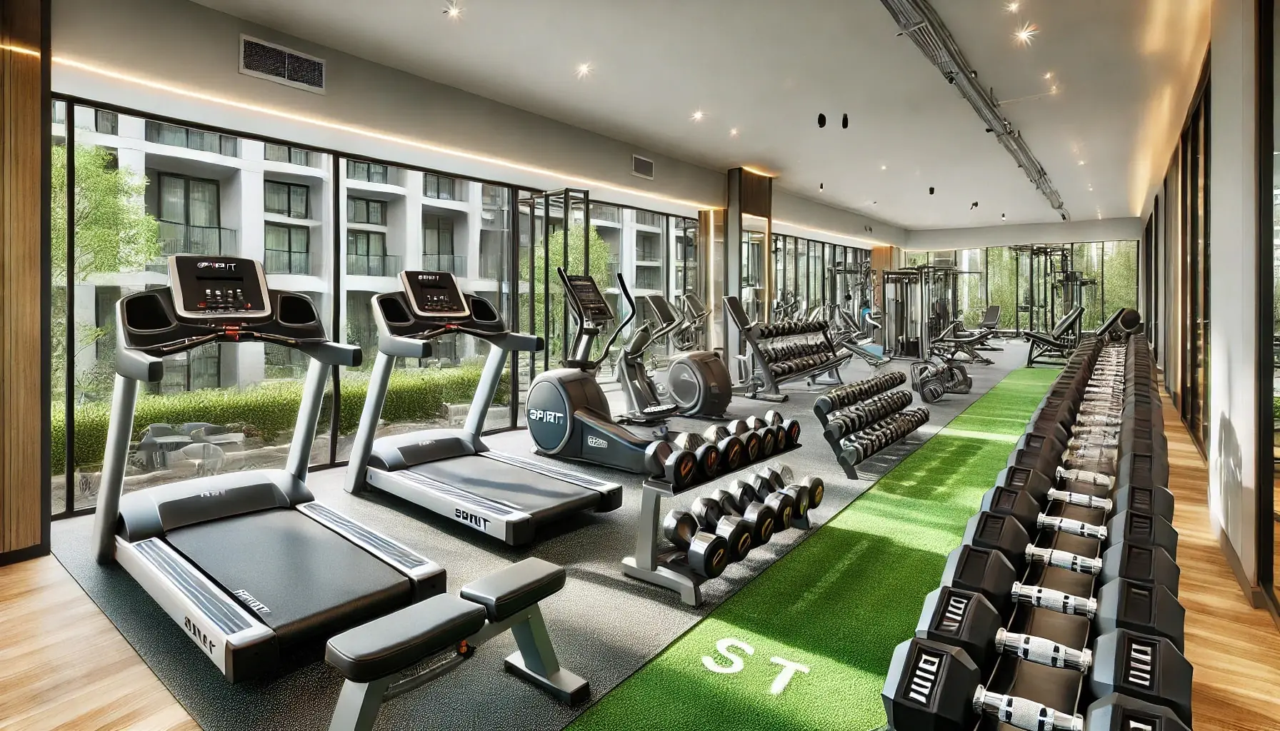 A spacious and modern apartment gym featuring Spirit Fitness treadmills, Muscle D Fitness adjustable benches, and IRON COMPANY rubber hex dumbbells, with premium noise-reducing gym flooring and artificial turf zones for functional training. The gym is bright, clean, and designed for multi-housing fitness centers.