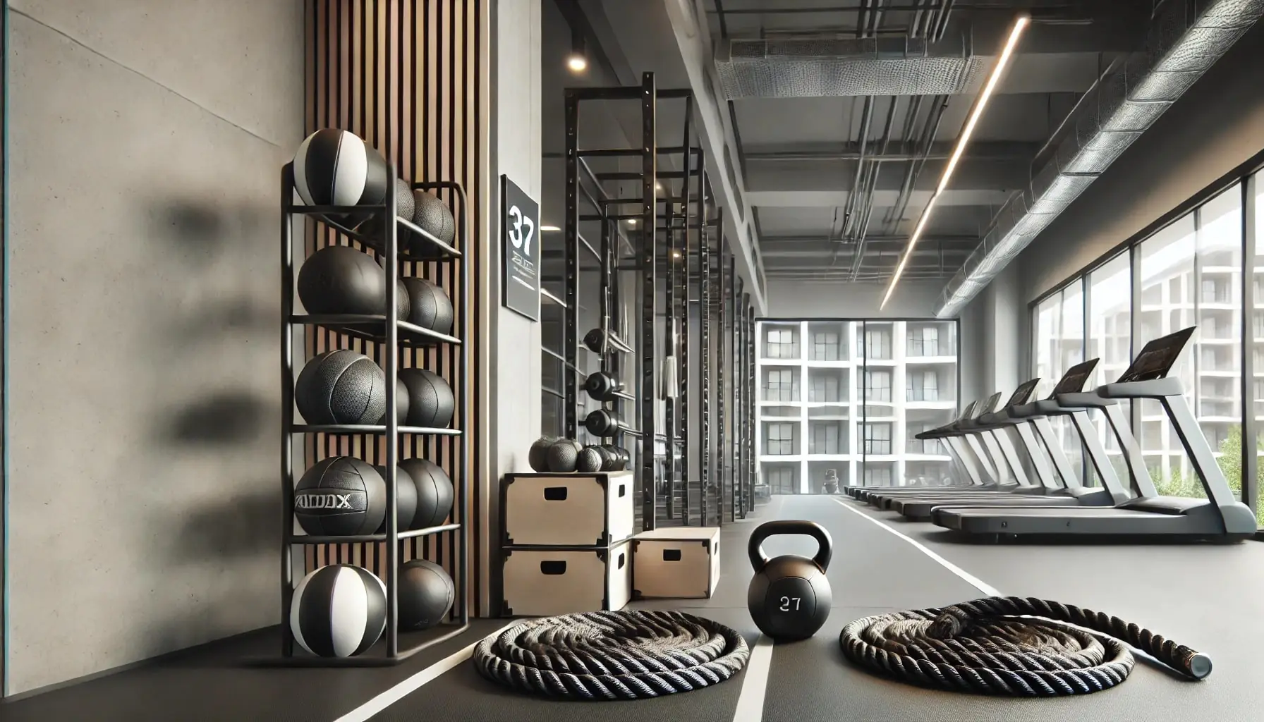 Gym accessories in a multi-housing fitness center featuring battle ropes, medicine balls on a rack, and compact stability balls, ideal for tenant workouts in small spaces.