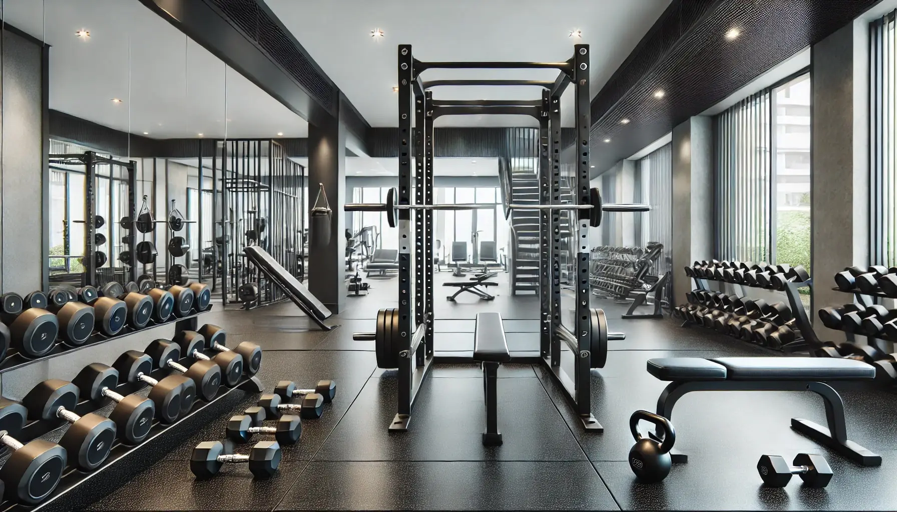 Modern multi-housing fitness center with squat racks, weight benches, dumbbells, kettlebells, and durable black rubber gym flooring for strength training.
