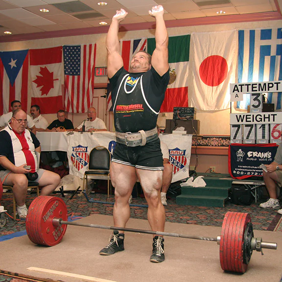 IRON COMPANY athlete and Powerlifting champion Kirk Karwoski getting psyched up for a heavy barbell deadlift.