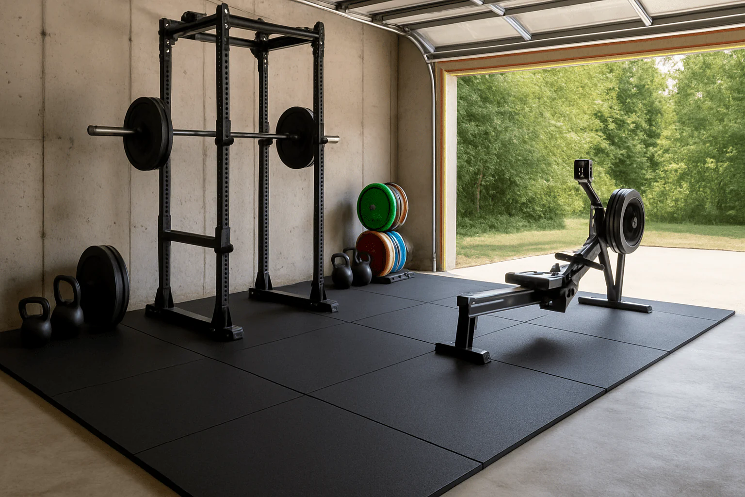 Rubber gym mats shown in a garage gym with other equipment including squat rack, kettlebells, and indoor rower.