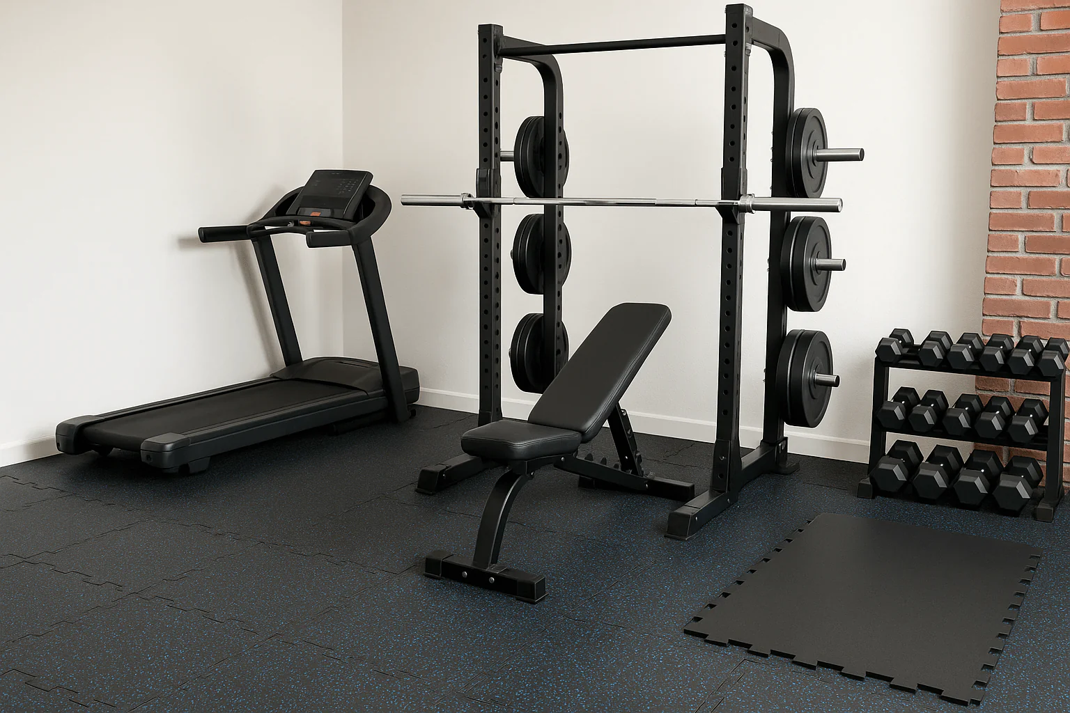 Interlocking rubber tiles shown in a home gym with a squat rack, weight bench, rack of dumbbells, and treadmill.