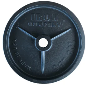 USA Made Deep Dish Olympic Plates with baked-on matte black powder coat finish for Olympic bars, power bars, and plate loaded equipment are available for sale at IRON COMPANY for residential, commercial, and GSA contract purchase. 