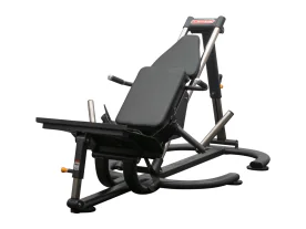 BodyKore CF8131 in Glute Press Mode, Showcasing a Secure Seat Belt and Hydraulic Lift for Easily Switching Bench Angles