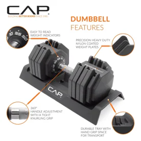 CAP Barbell 55 lb. Adjustable Dumbbell with Tray, Weight Indicators, Nylon Plates, and Twist-Handle Adjustment