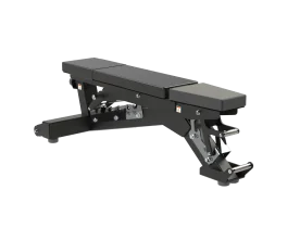 Defiant Strength Adjustable Bench in a Flat Position, Highlighting its Robust Design and Stability for Strength Training