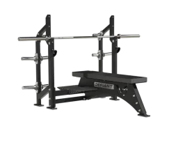 Front View of the TKO Defiant Strength Olympic Bench Press w/Plate Storage (DS-943), Featuring Pivoting Knee Rests, a Broad Back Pad, and Durable Construction