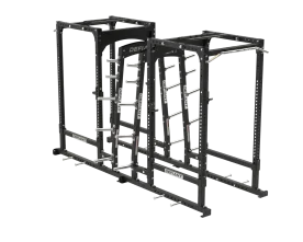 Defiant Strength Power Rack Combo w/Dual Storage (DS-905DDPR), Showcasing its Durable Frame, Angled Plate Storage System, and Stainless Steel Horns