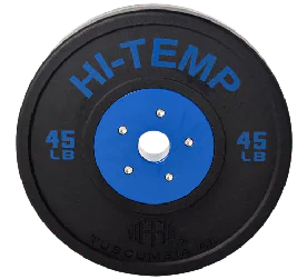 Hi-Temp Competition Bumper Plates are USA Made crafted from recycled crumb rubber with color coded metal disc for maximum durability and a dead bounce and can be purchased on IRON COMPANY GSA contract 47QSMA22D08NN.