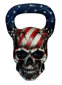 Heavy Weight Skullbell Kettlebell Featuring the Patriot Design with Red, White, and Blue American Flag Detailing on the Skull
