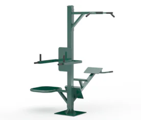 Outdoor TriActive USA Moduseries Unit in Green, Showing All Four Workout Stations Including Pull-Up Bars, Dip and Knee-Raise Station, Back Extension Bench, and Plyo Box