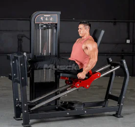 Athlete Performing a Leg Press Exercise on the Muscle D Fitness Classic V2 Selectorized Leg Press Machine with Angled Sled and Selectorized Weight Stack