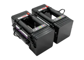 PowerBlock Elite USA adjustable dumbbell set with 5-50 lb. weight range for compact home gym strength training.