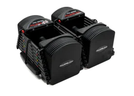 PowerBlock Pro 50 Adjustable Dumbbell Set with compact design and urethane-coated weight plates for space-saving home gym strength training.