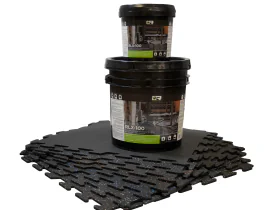 RLX-100 Flooring Adhesive in a 1-Gallon Pail, Featuring Fast Cure Time, Waterproof Bond, and Moisture Protection for Rubber, Vinyl, Cork, and LVT Flooring Installations. Larger 4-Gallon Pail and Flooring Tiles Sold Separately