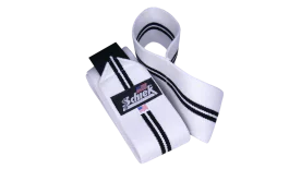 Schiek 1152 Heavy-Duty 52" Elbow Wraps in White with Black Stripes, Designed for Superior Elbow and Forearm Support During Weightlifting and Powerlifting