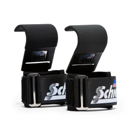 Schiek 1200PLH Power Lifting Hooks in Black, Featuring Non-Slip Steel Hooks and Padded Neoprene Wrist Support for Heavy Lifting