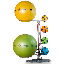 Multicolor Prism Fitness Group Self-Guided SMART Commercial Fitness Package - Economy Featuring a Compact Storage Rack Holding Stability Balls in Yellow and Green, Medicine Balls in Yellow, Orange, Green, and Blue, and Resistance Bands