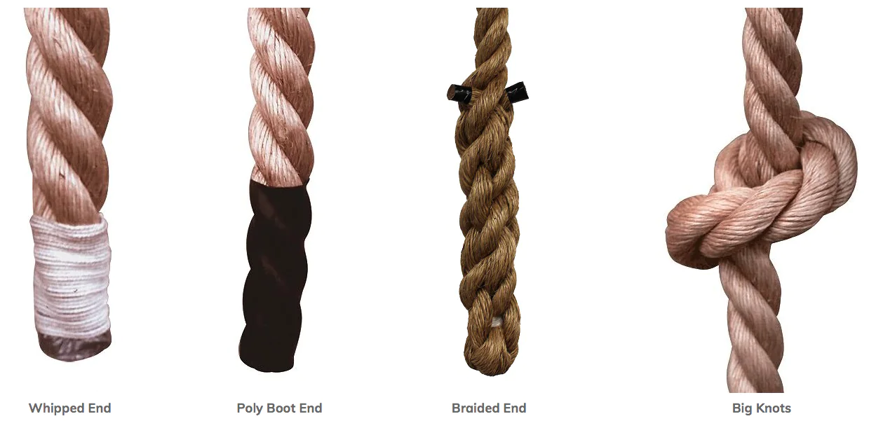 Manila climbing ropes with different ends and knots