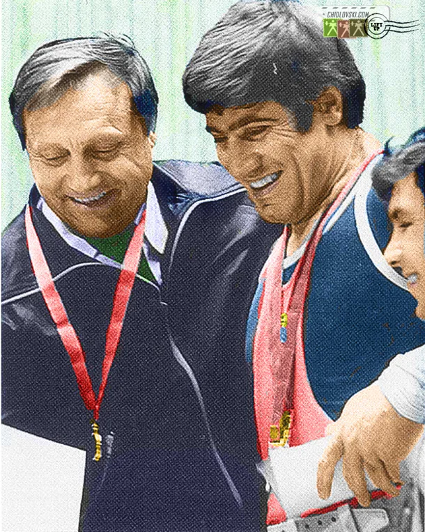 Rudolph Plukfelder with medal-winning Soviet weightlifter