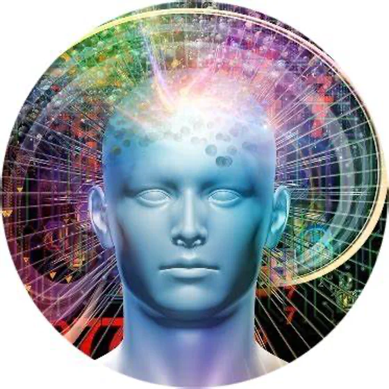 Stylized blue head surrounded by multicolored light patterns