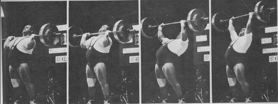 Four-frame sequence of a weightlifter using a pronounced layback press