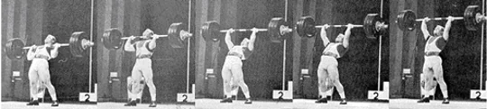 Five-frame sequence of a weightlifter pressing a barbell overhead