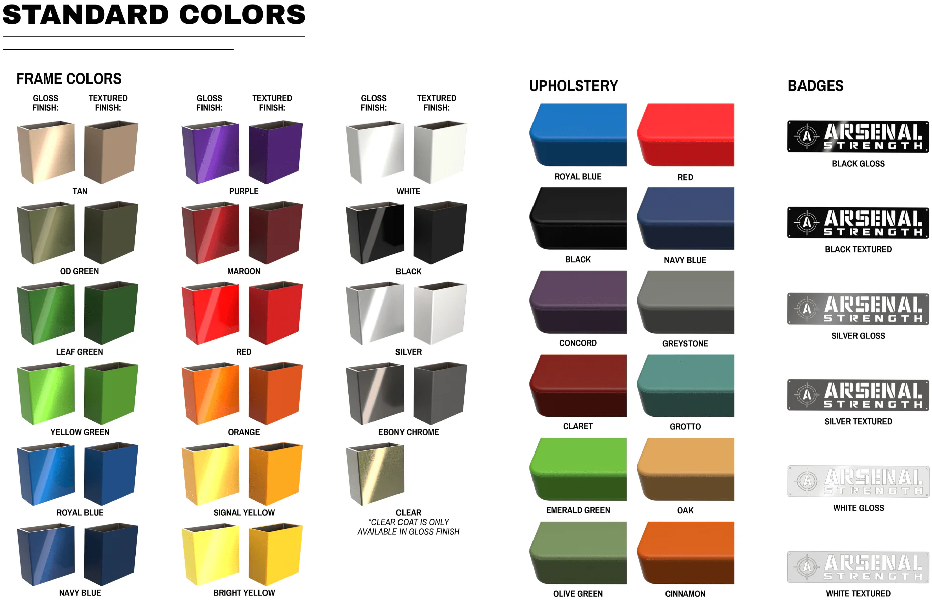 Standard Color Chart for Arsenal Strength frames, upholstery, and badges