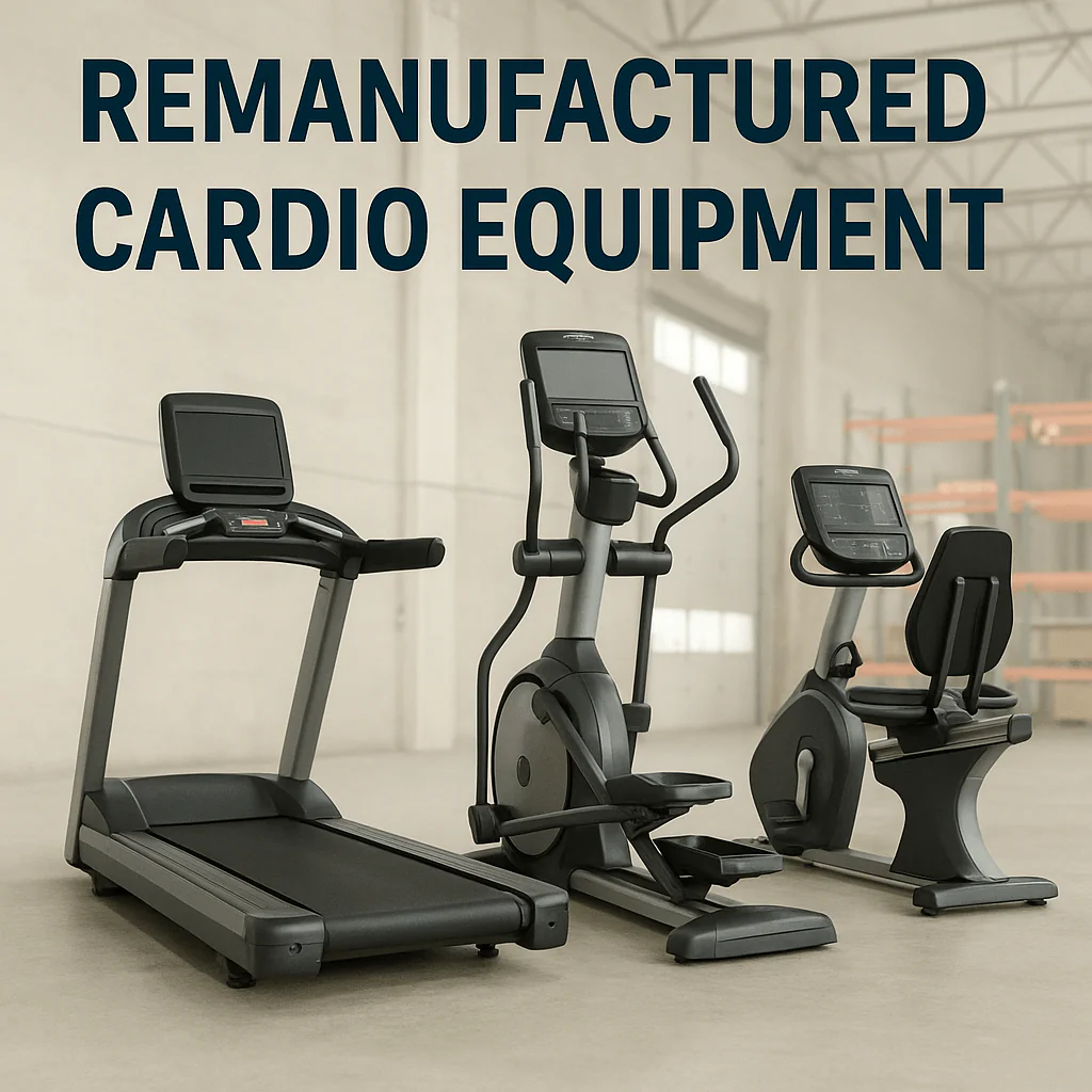 Three refurbished cardio machines—a treadmill, elliptical, and upright bike—displayed in a clean, industrial warehouse with high ceilings and soft natural lighting, promoting commercial-grade equipment readiness.