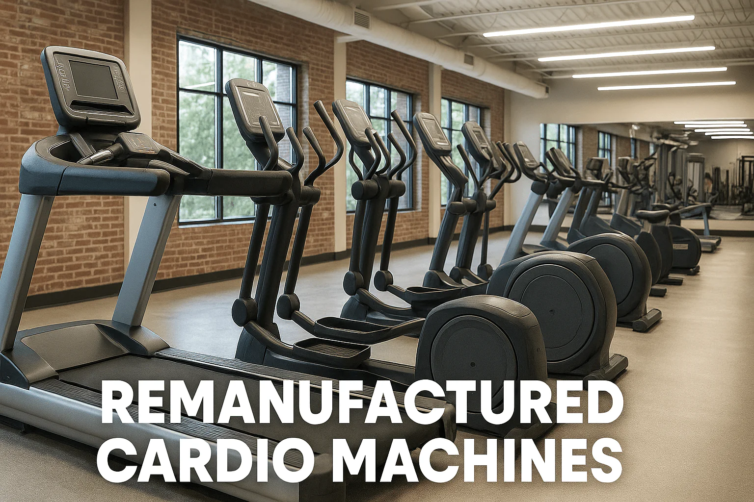 Row of remanufactured cardio machines including treadmills and ellipticals in a spacious, modern gym with exposed brick walls and digital consoles.