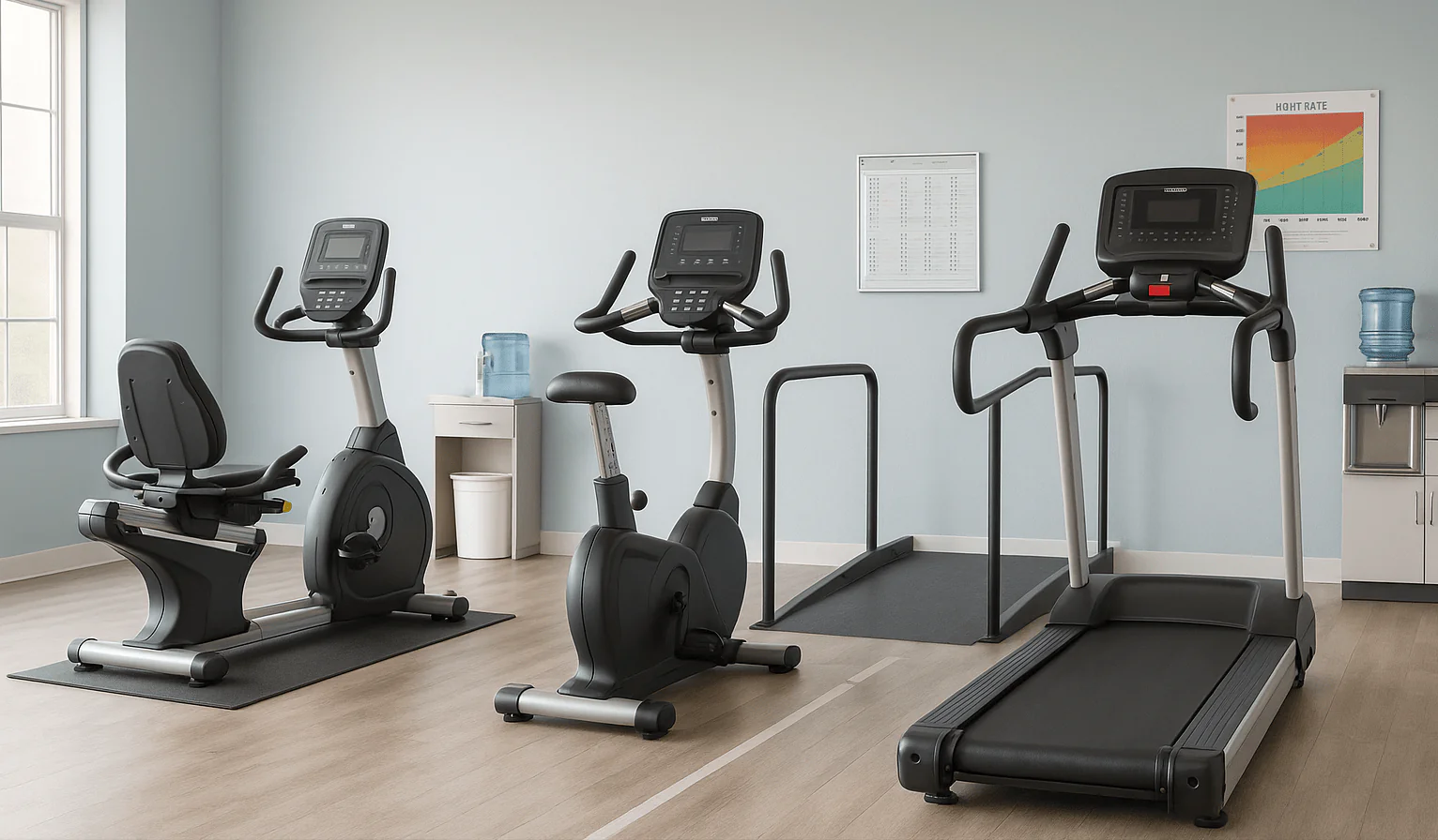 Medical rehab room featuring ADA-compliant recumbent stepper, upright therapy bike, and treadmill with extended safety rails