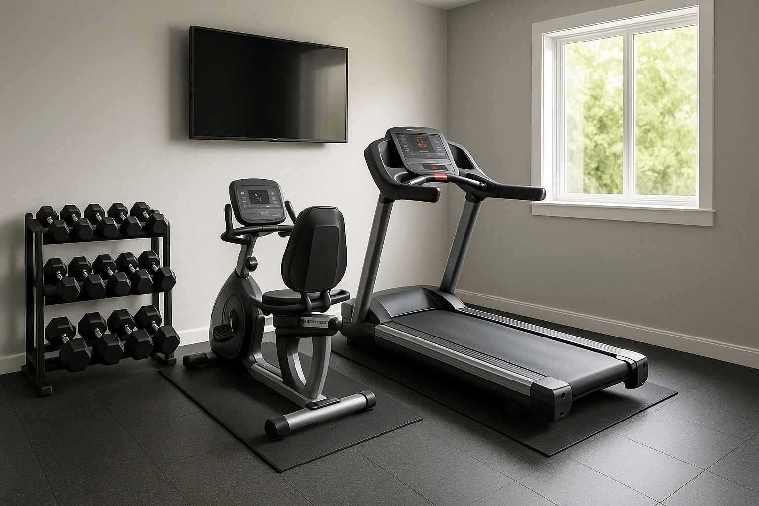 Premium home gym with Life Fitness Treadmill, dumbbell rack, and wall-mounted TV in a clean, well-lit space