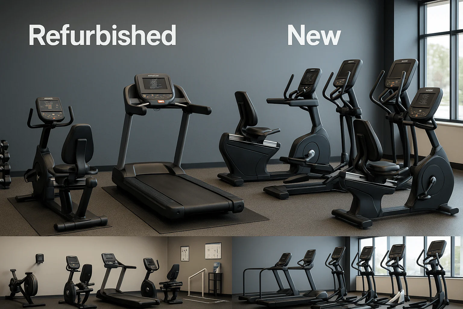 Side-by-side view of refurbished and new Life Fitness cardio equipment in a commercial gym setting with bikes, rowers, and ellipticals